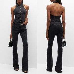 Retrofete Rhodes Halter Denim Jumpsuit Open Back Wide Flare Black Size Medium